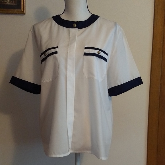 🌷‼️5/$20  - Vtg Marine White Shirt Button Blouse Formal Blue L - Picture 1 of 7